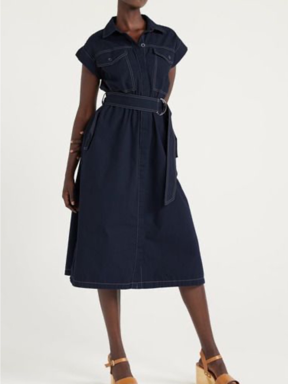 Free Assembly Belted Utility Midi Dress In Navy Blue All Cotton Size Medium